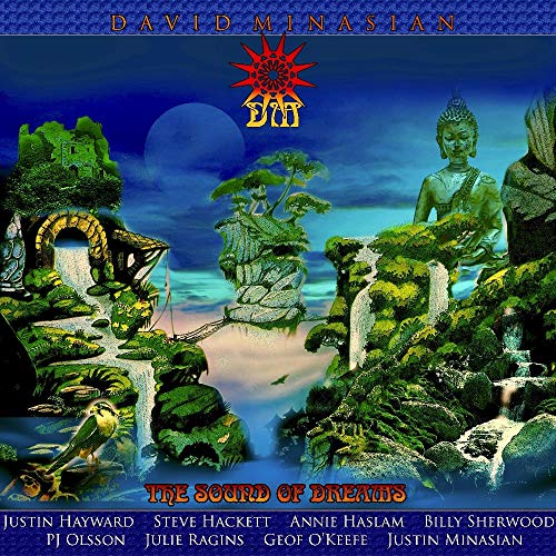 "Album cover art featuring a serene landscape with a Buddha statue and waterfalls."