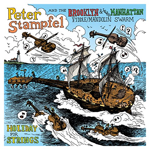 "Album cover art featuring a cartoon pirate ship with flying violins and musical notes."