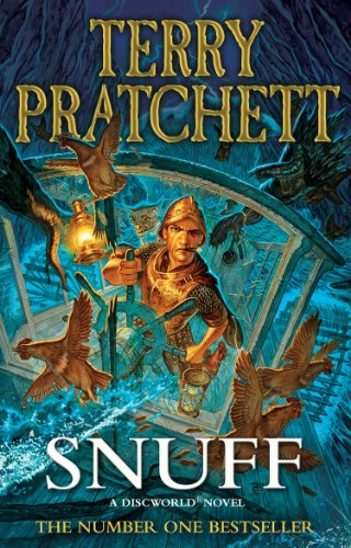 The image depicts the book cover of "Snuff" by Terry Pratchett. Alt text: Book cover with a knight surrounded by vultures, holding a lantern.
