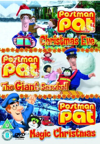 "Postman Pat DVD cover featuring three Christmas-themed episodes with cartoon images and snowy scenes."