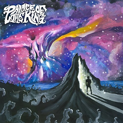 "Album cover art: surreal landscape with figure, mountain, and colorful, starry sky."