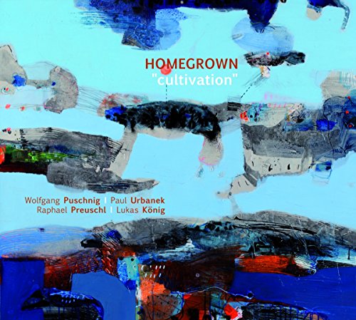 "Album cover with abstract art, blue and red hues, and artist names listed."