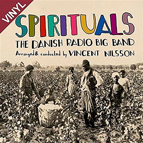 "Album cover with 'Spirituals' in colorful letters, featuring workers in a cotton field."