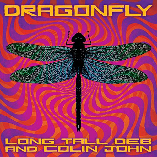 "Album cover with dragonfly silhouette on purple and orange swirled background, yellow text."
