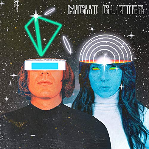 "Album cover with two futuristic people against a starry night sky."
