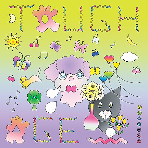 A cartoon vinyl record cover featuring a girl, cat, and colorful symbols on a gradient background.