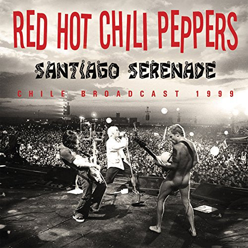 "CD cover with Red Hot Chili Peppers performing on stage in black and white."
