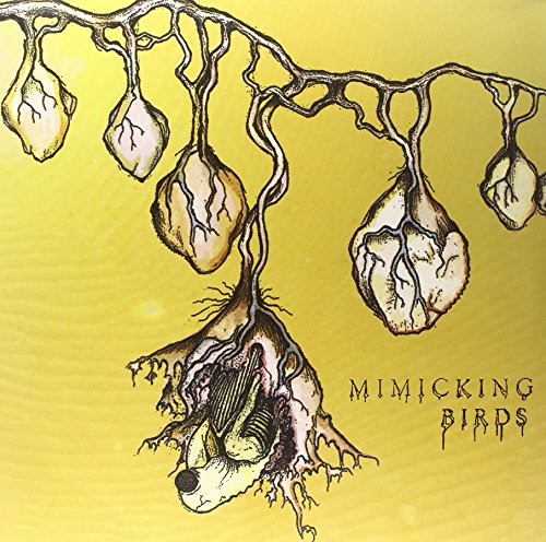 "Album cover with a bird skull on a branch against a yellow background."