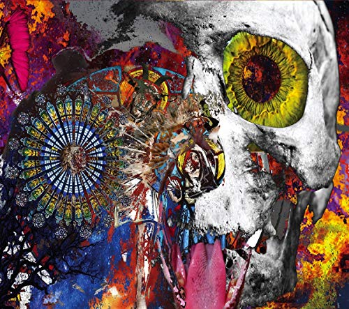 Album cover with a skull and stained glass artwork on a colorful background.