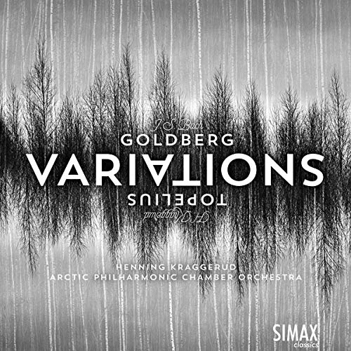 "CD cover with 'GOLDBERG VARIATIONS' text, black and white forest background, and artist names."