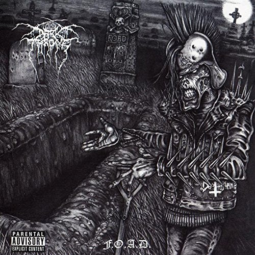 "Album cover art featuring a black-and-white illustration of a skeleton in a graveyard."