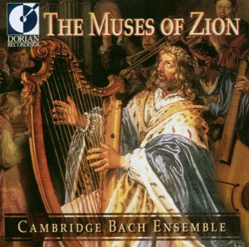 "CD cover featuring a man playing a harp, surrounded by musicians, with text overlay."