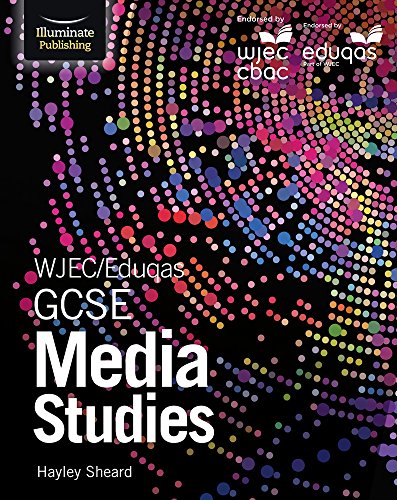"Textbook cover with multicolored dots on a black background, titled 'GCSE Media Studies'."