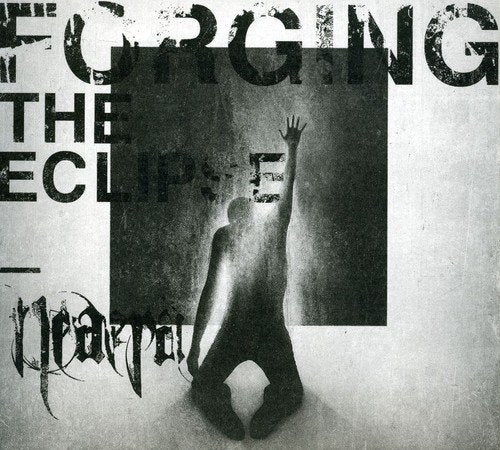"Black and white album cover with a person kneeling and reaching up."
