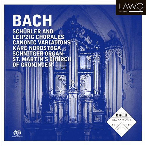 Blue-toned CD cover with ornate organ and white text, featuring Bach's name prominently.