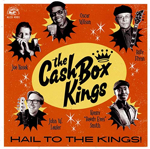 "Album cover with red background, yellow center, and black-and-white portraits of five men."