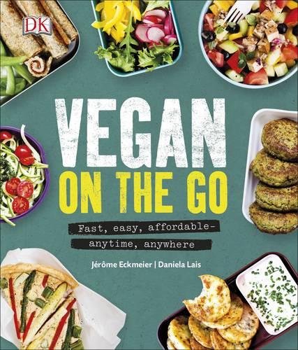 The image shows a cookbook cover with the title "Vegan on the Go" and various vegan dishes. Here is a possible alt text: "Book cover with 'Vegan on the Go' title and assorted vegan meals."