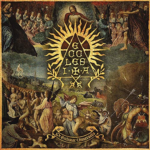 "Album cover with chaotic religious scene and central symbol surrounded by figures and creatures."