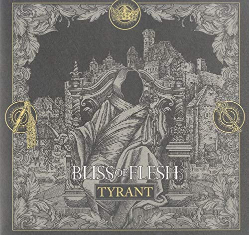 "Black and white album cover art with hooded figure and ornate border."