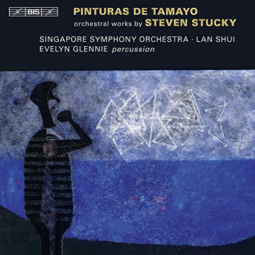 "CD cover with abstract blue background, black figure, and geometric shapes, featuring 'Pinturas De Tamayo'."
