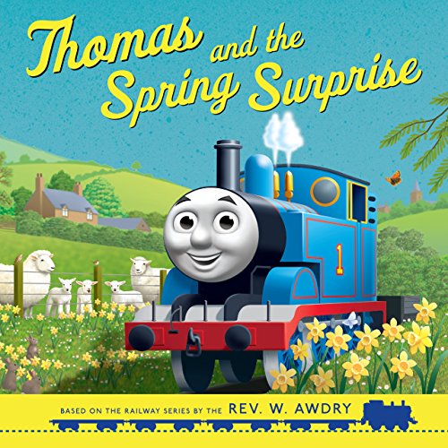 "Children's book cover featuring a smiling blue train, Thomas, surrounded by spring flowers."