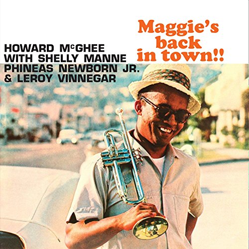 "Album cover with a man holding a trumpet, smiling, wearing sunglasses and a hat."
