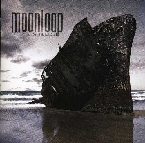 "Album cover with a wrecked boat on a beach, cloudy sky, and 'moonloop' text."