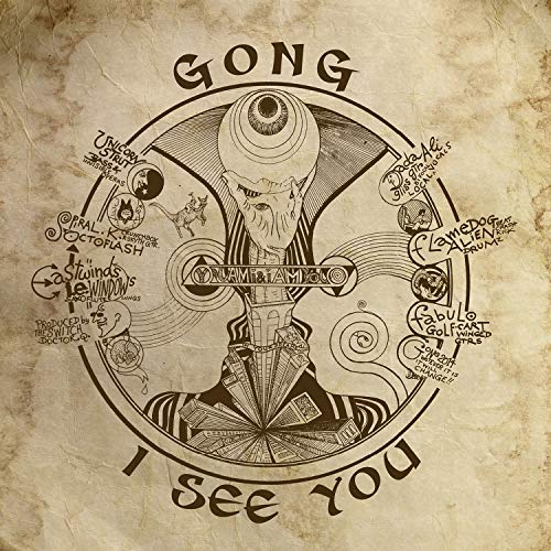 "Album cover with a stylized illustration, aged parchment background, and text 'Gong I See You'."