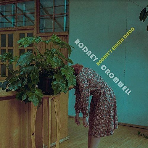 "Album cover with a woman bending over near a large potted plant."
