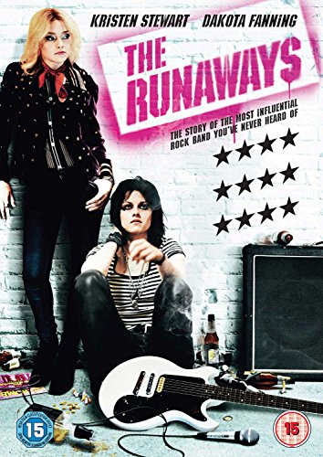 DVD cover for "The Runaways" featuring Kristen Stewart and Dakota Fanning with a guitar.
