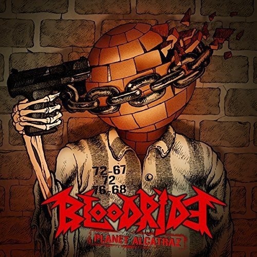 A skeleton wearing a prison uniform and a brick head, holding a gun, against a brick wall.