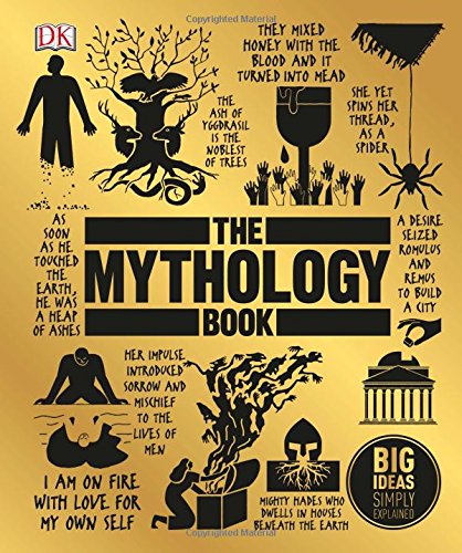 "The Mythology Book" cover with black silhouettes and text on a gold background.