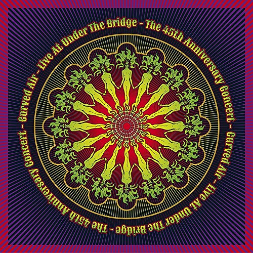 "Album cover with a psychedelic red and green mandala on a dark background."