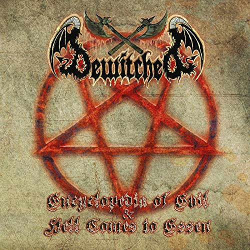 Album cover with red pentagram, crossed axes, and gothic text on a textured background.