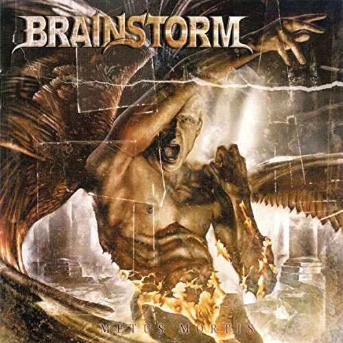 "CD cover art: man being attacked by a dragon-like creature, with 'Brainstorm' and 'Metus Mortis' text."