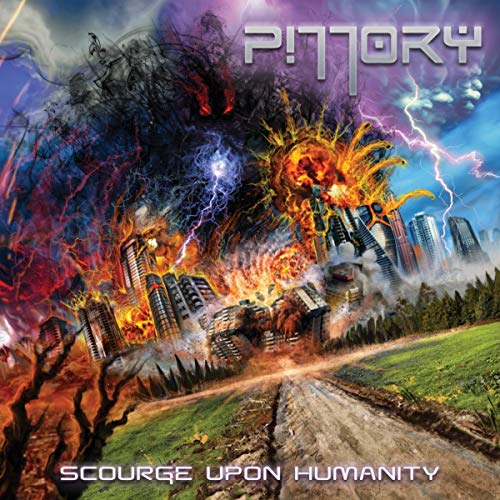 "Album cover art: cityscape in flames with lightning and dark, ominous sky."