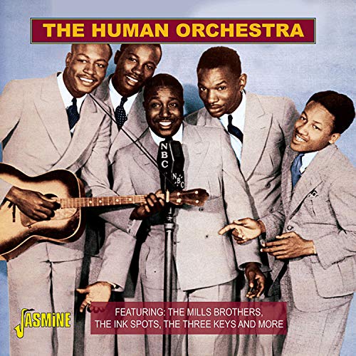 "Album cover featuring five men in gray suits, one holding a guitar and microphone."