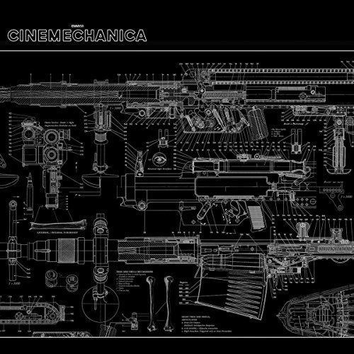 "Black album cover with white technical drawings and 'CINEMECHANICA' text at the top."