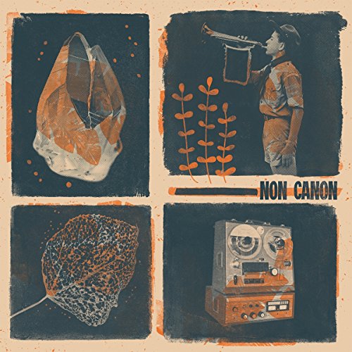 Album cover with man holding horn, leaves, bag, and tape recorder, in orange and black.