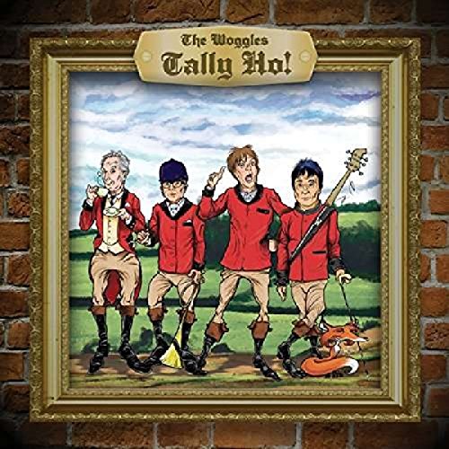 "Album cover art featuring cartoon men in red hunting attire, framed and on a brick wall."