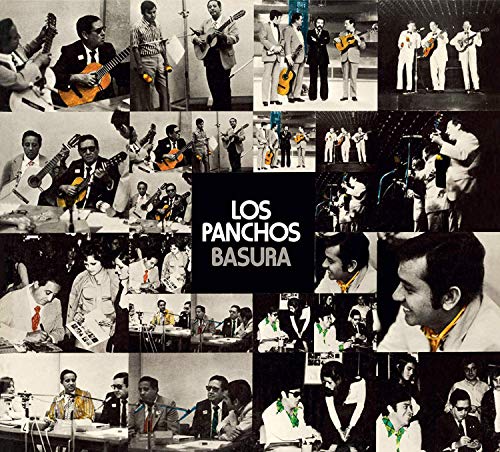 "Black and white collage of musicians with guitars, centered title 'Los Panchos Basura'."