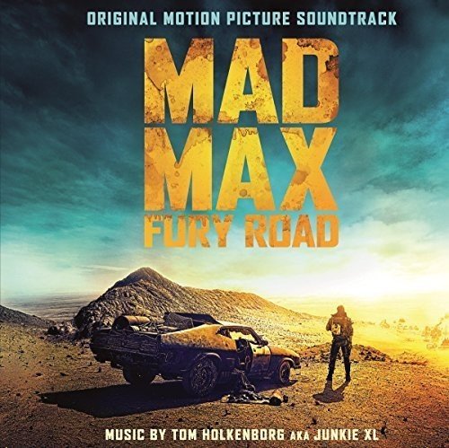 "Vinyl record cover for 'Mad Max Fury Road' soundtrack with desert scene and wrecked car."