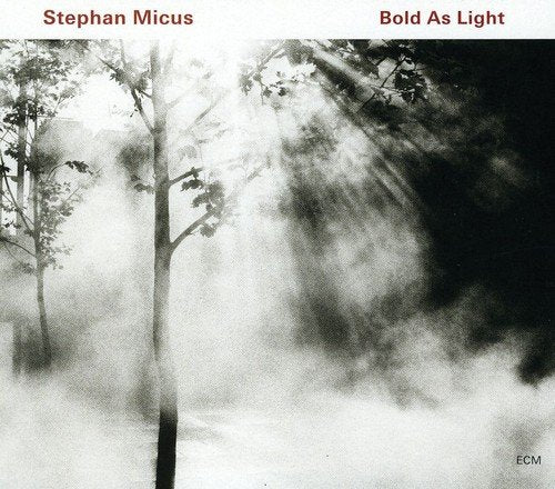 "Album cover with black and white forest scene, sunbeams, and red text on white banner."