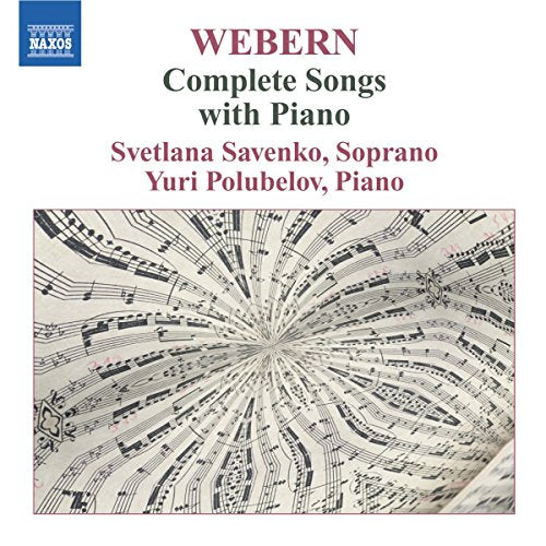 The image is a CD cover for Webern's "Complete Songs with Piano". The alt text is: "CD cover with sheet music explosion design and Naxos logo."