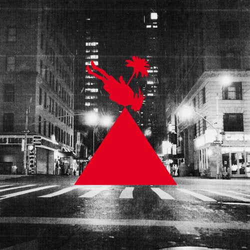 A black-and-white city street scene with a red triangle and figure overlay.