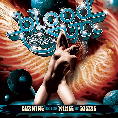 "Album cover featuring a kneeling nude figure surrounded by planets and fiery background."