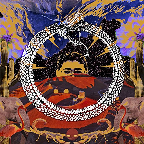 A surreal album cover featuring a person surrounded by a snake and elephants.