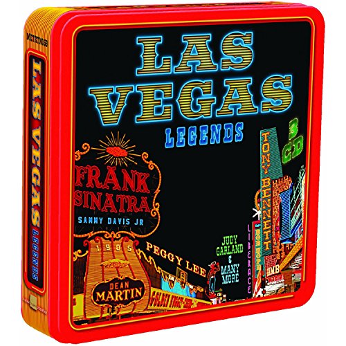 Red tin box with "Las Vegas Legends" and entertainers' names on a black background.