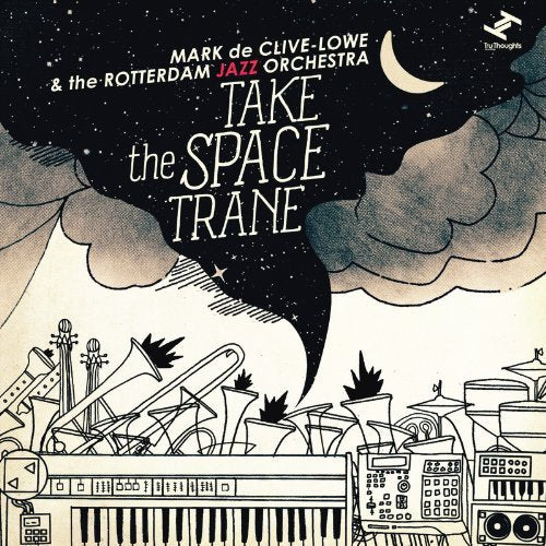 Album cover for "Take the Space Trane" with musical instruments and night sky illustration.