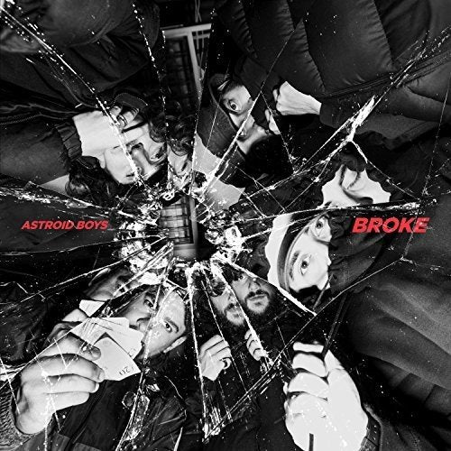 "Black and white album cover with shattered glass effect and red text."